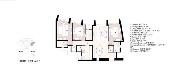 Lodha Kiara 3BHK Unit Plan