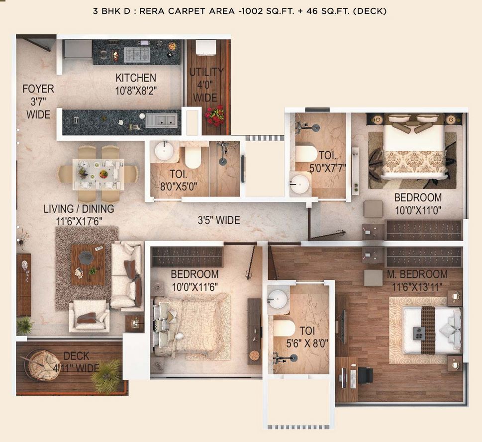 Fortune 500 3BHK (1002 sqft) with deck