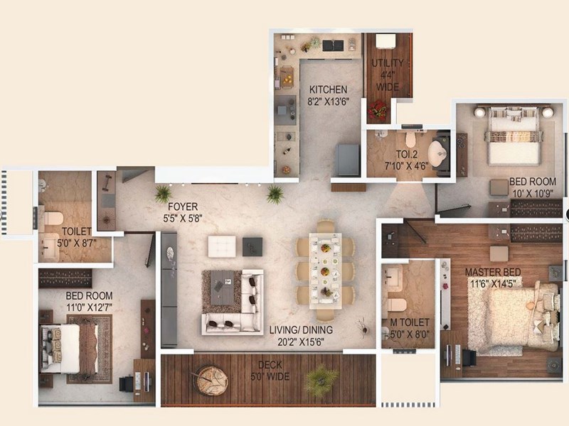Fortune 500 3BHK (1127 sqft) with deck