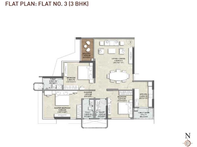 Kalpataru Woodsville Flat No 3-3BHK plan