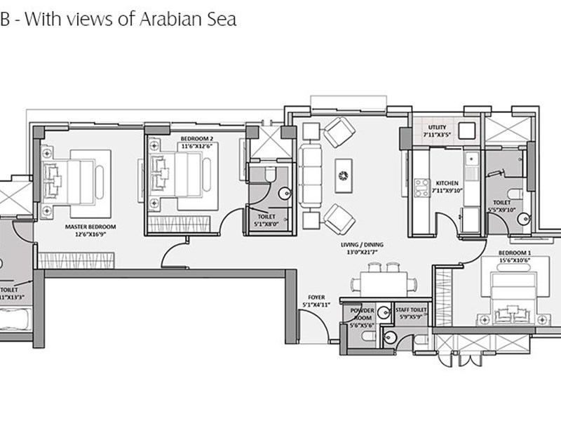 Lodha Seamont 3BHK Type B with Arabian Sea View