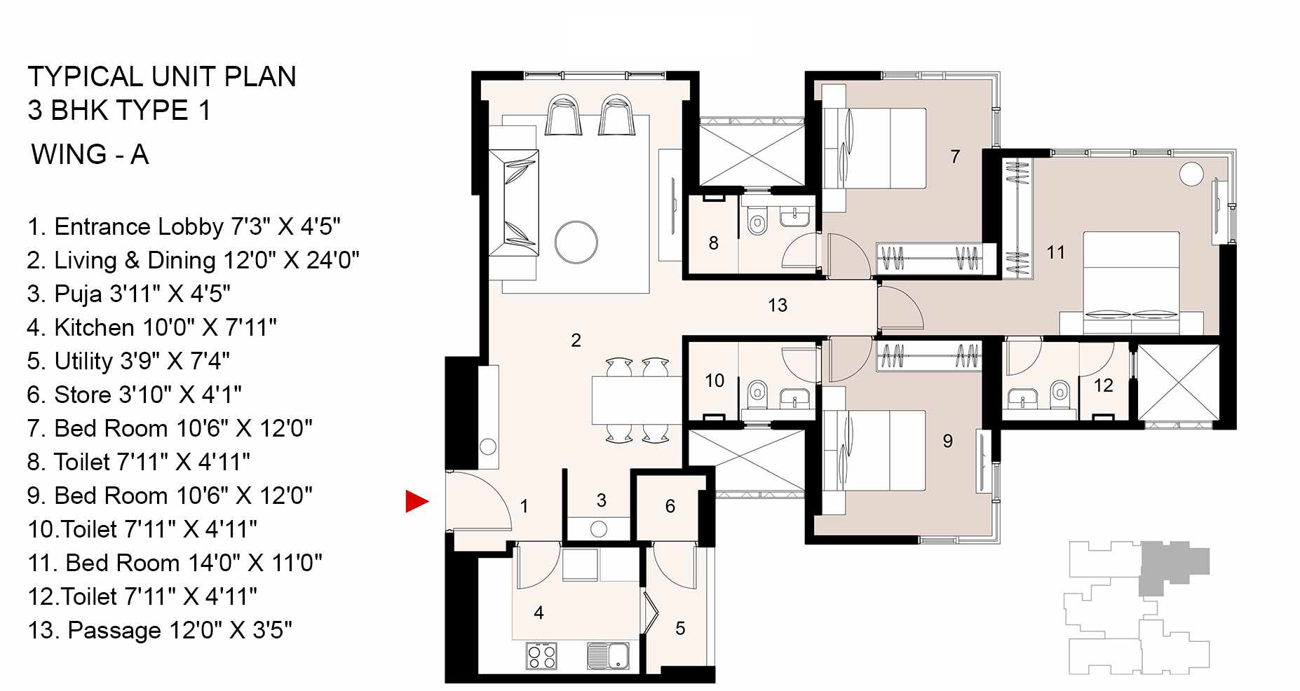 Lodha Parkside 3BHK Wing A Type 1
