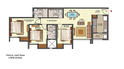 Lodha Aquaville Typical 3BHK Ultima Unit Plan