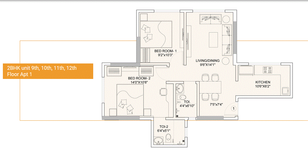 Sunteck Gilbird 2BHK Plan Type-5