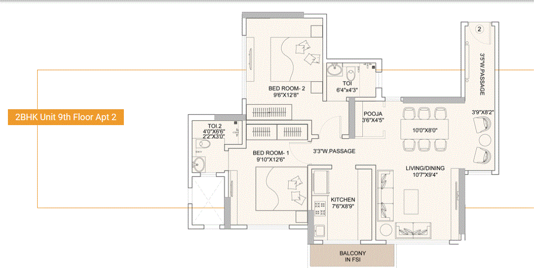 Sunteck Gilbird 2BHK Plan Type-8