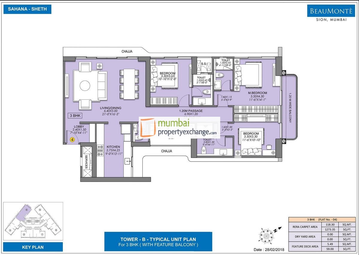 Sheth Beaumonte 3BHK Plan with balcony Type-2