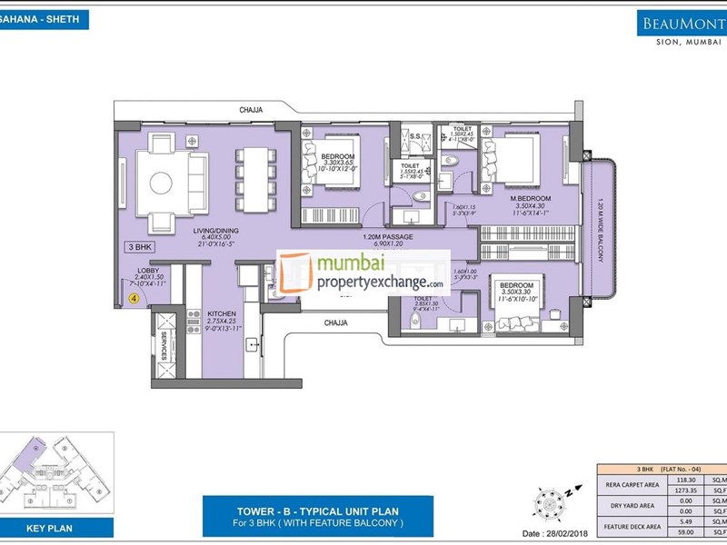 Sheth Beaumonte 3BHK Plan with balcony Type-2