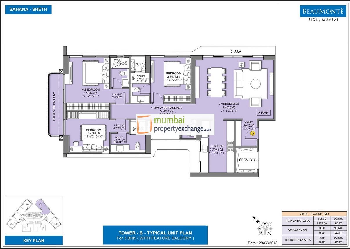 Sheth Beaumonte 3BHK Plan with balcony Type 1