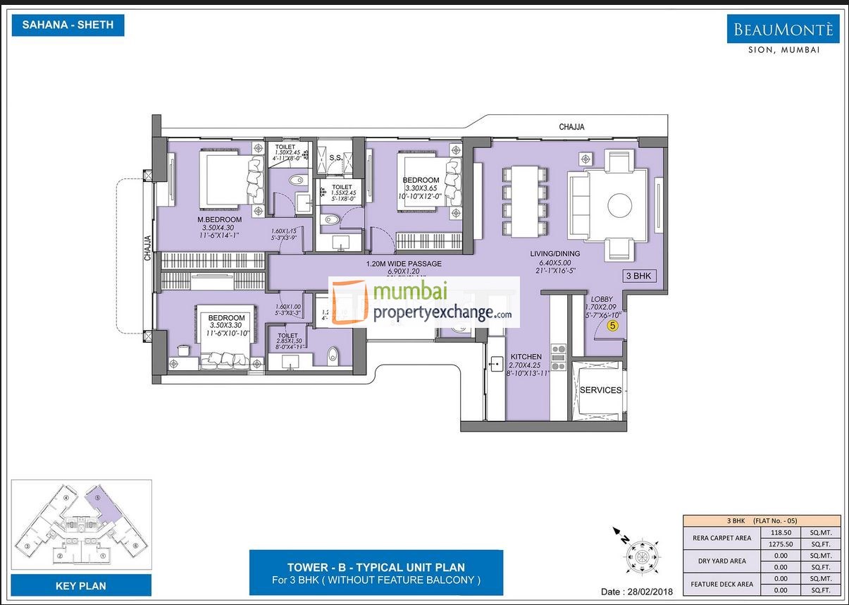 Sheth Beaumonte 3BHK Plan without balcony Type-1