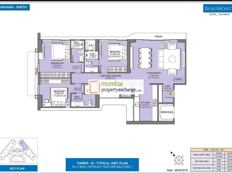 Sheth Beaumonte 3BHK Plan without balcony Type-1