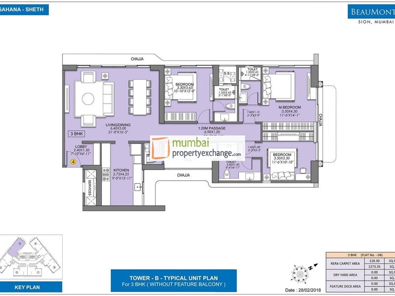 Sheth Beaumonte 3BHK Plan without balcony Type-2