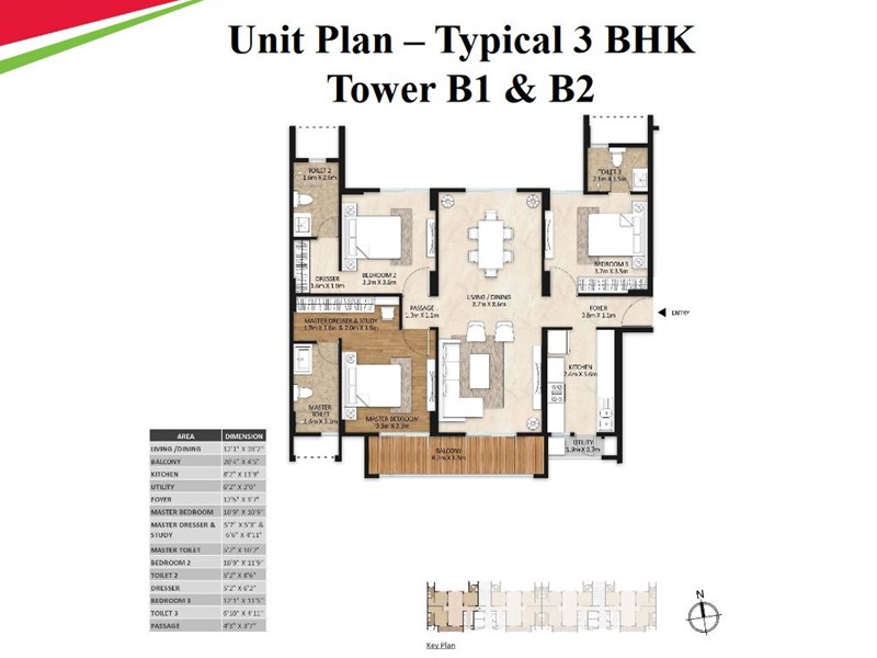 Mahindra Lifespaces Vivante 3BHK Typical Floor Plan B1-B2