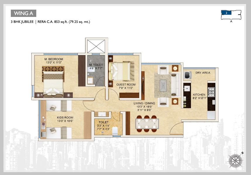 Aaradhya Nine 3BHK Plan Wing A-Jubilee