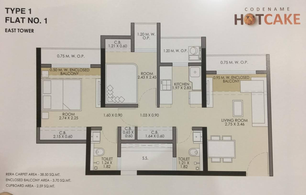 Hot cake Image 1BHK Unit 1 East Tower