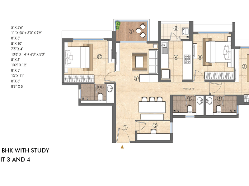 Unit Plan - 3 BHK with Study Room