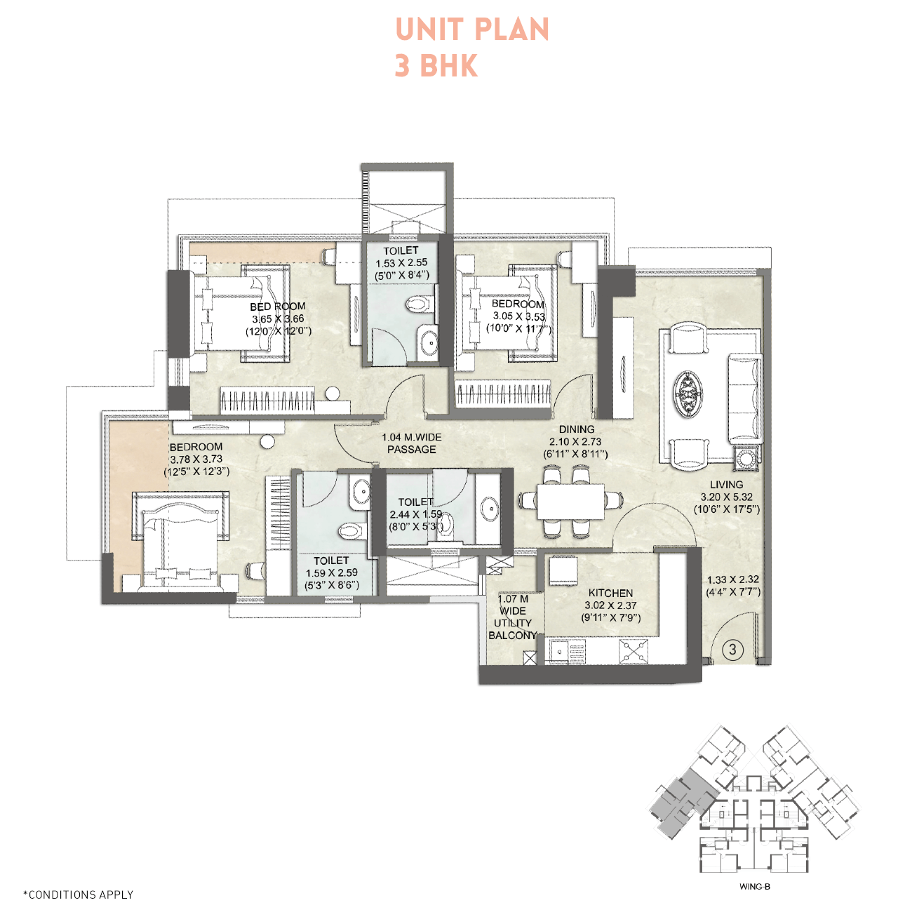 Kalpataru Crest Unit Plan Wing A 3BHK