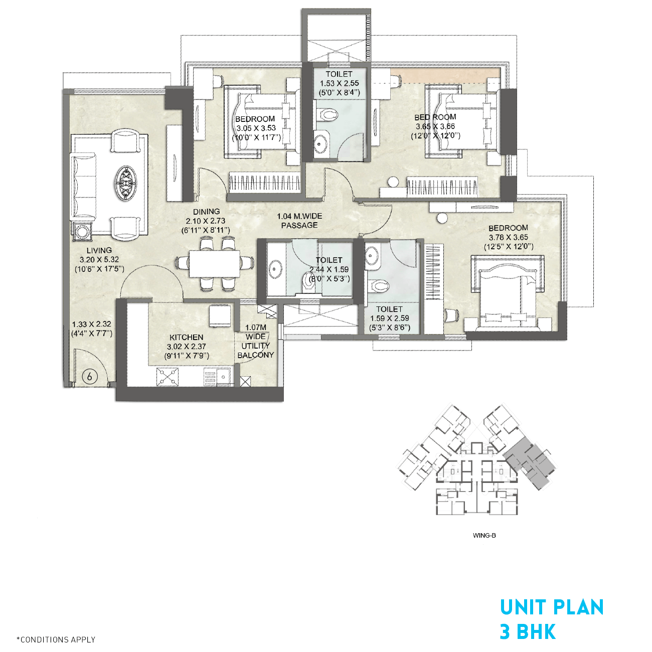 Kalpataru Crest Unit Plan 3BHK  Wing B