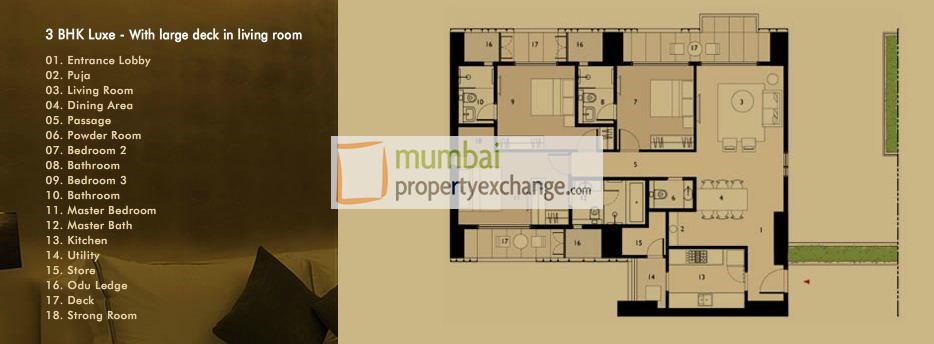 3BHK floor plan large deck in living