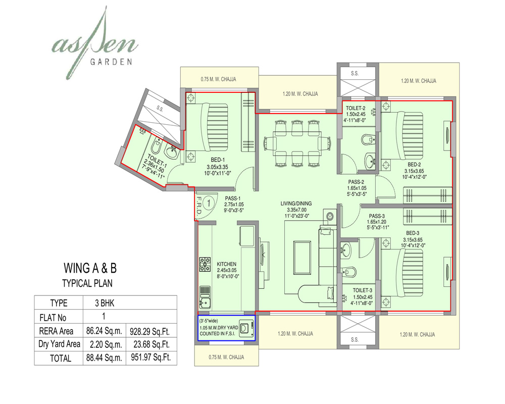 Aspen Garden 3BHK Plan Unit 1
