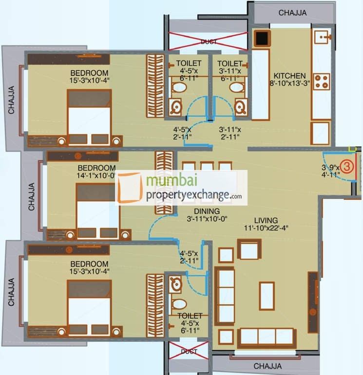 3BHK Floor Plan