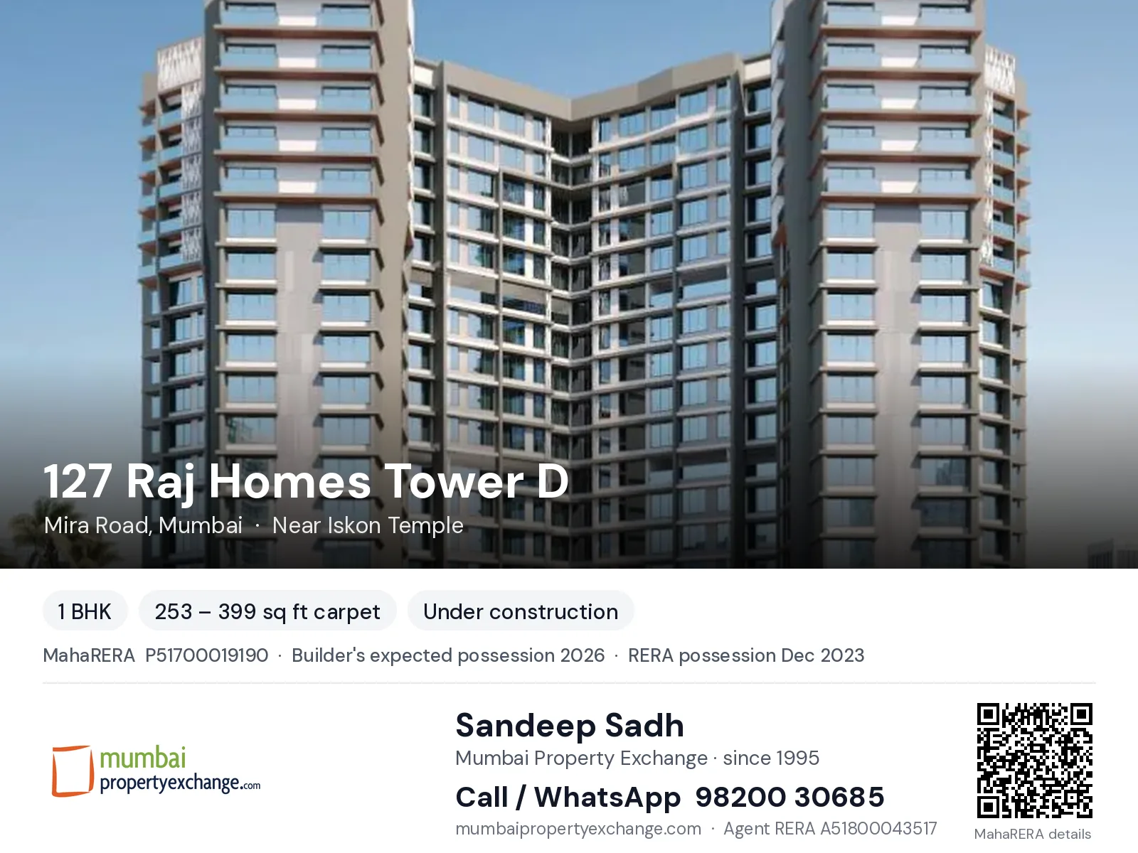 127 Raj Homes Tower D, Mira Road, Mumbai — 1 BHK new project, builder's expected possession 2026, RERA possession Dec 2023 | Mumbai Property Exchange, Sandeep Sadh 98200 30685