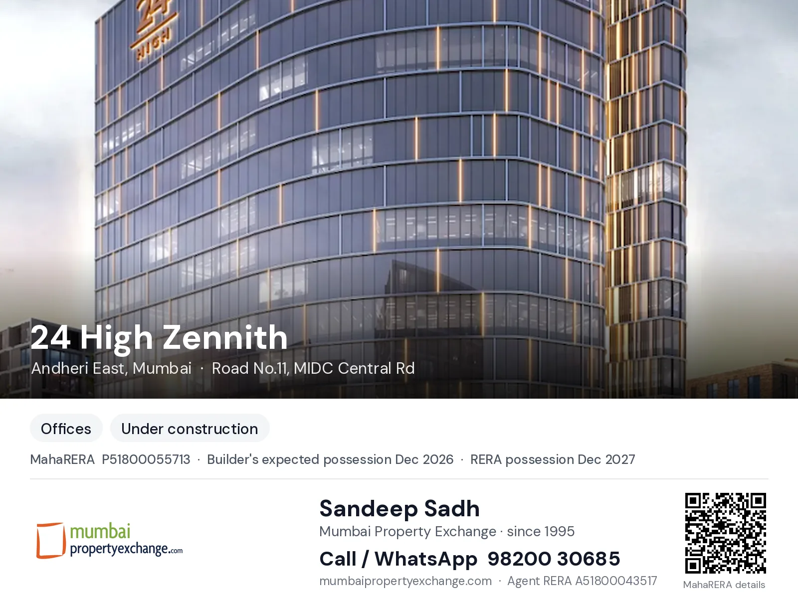 24 High Zennith, Andheri East, Mumbai — new project, builder's expected possession Dec 2026, RERA possession Dec 2027 | Mumbai Property Exchange, Sandeep Sadh 98200 30685