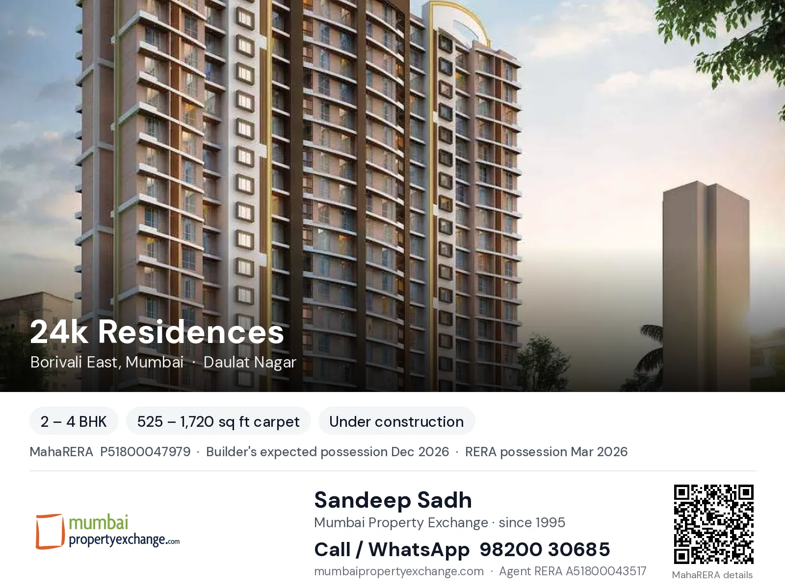 24k Residences by Hirani, Borivali East, Mumbai — 2 – 4 BHK new project, builder's expected possession Dec 2026, RERA possession Mar 2026 | Mumbai Property Exchange, Sandeep Sadh 98200 30685