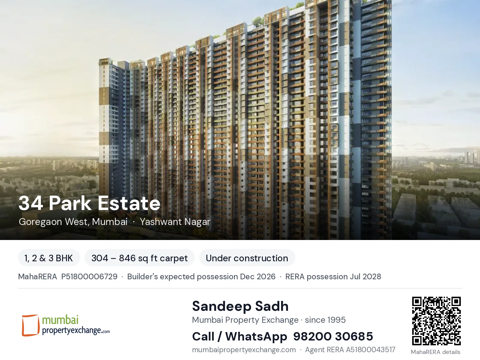 34 Park Estate by Chandak, Goregaon West, Mumbai — 1, 2 & 3 BHK new project, builder's expected possession Dec 2026, RERA possession Jul 2028 | Mumbai Property Exchange, Sandeep Sadh 98200 30685
