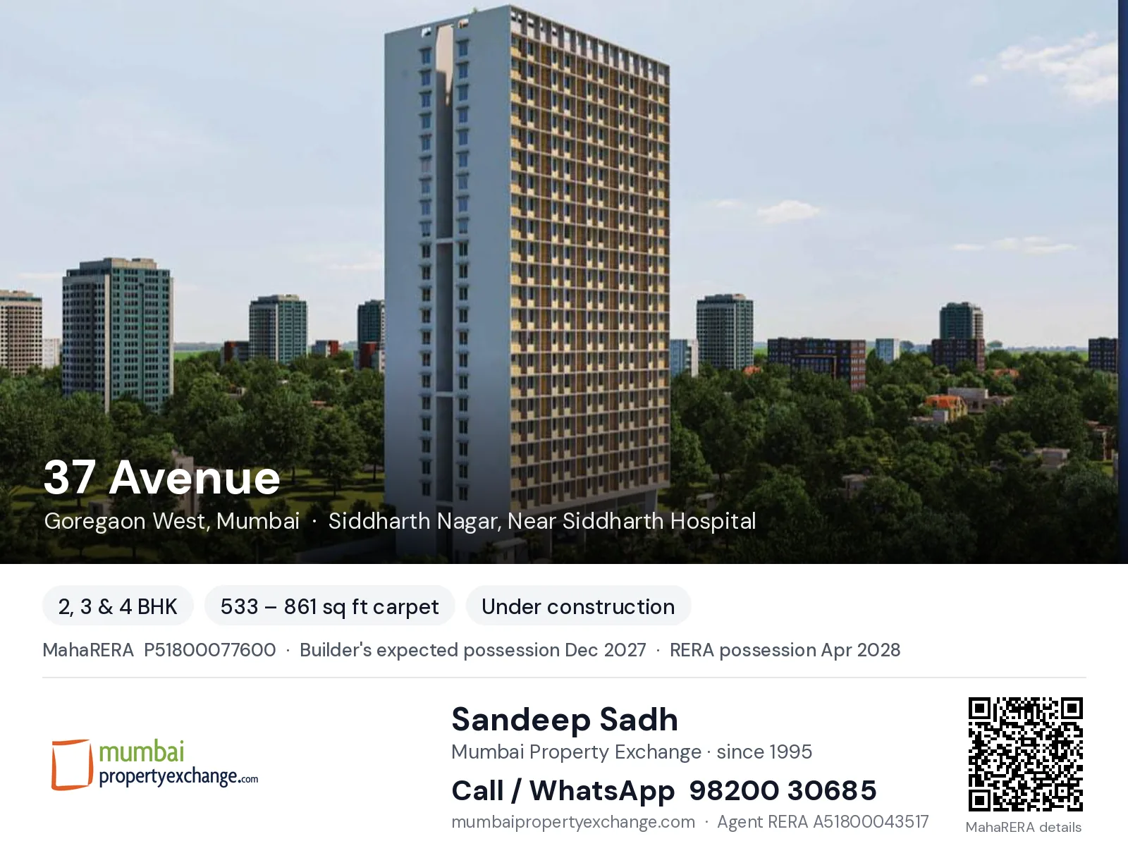 37 Avenue by Sushanku, Goregaon West, Mumbai — 2, 3 & 4 BHK new project, builder's expected possession Dec 2027, RERA possession Apr 2028 | Mumbai Property Exchange, Sandeep Sadh 98200 30685