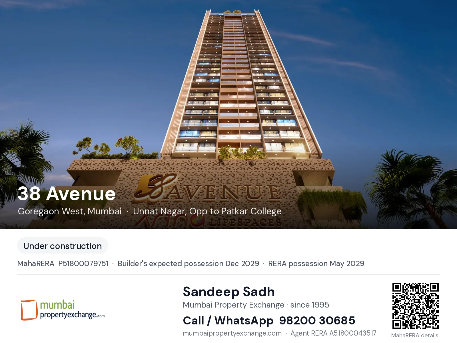 38 Avenue by Artha Lifespaces, Goregaon West, Mumbai — new project, builder's expected possession Dec 2029, RERA possession May 2029 | Mumbai Property Exchange, Sandeep Sadh 98200 30685