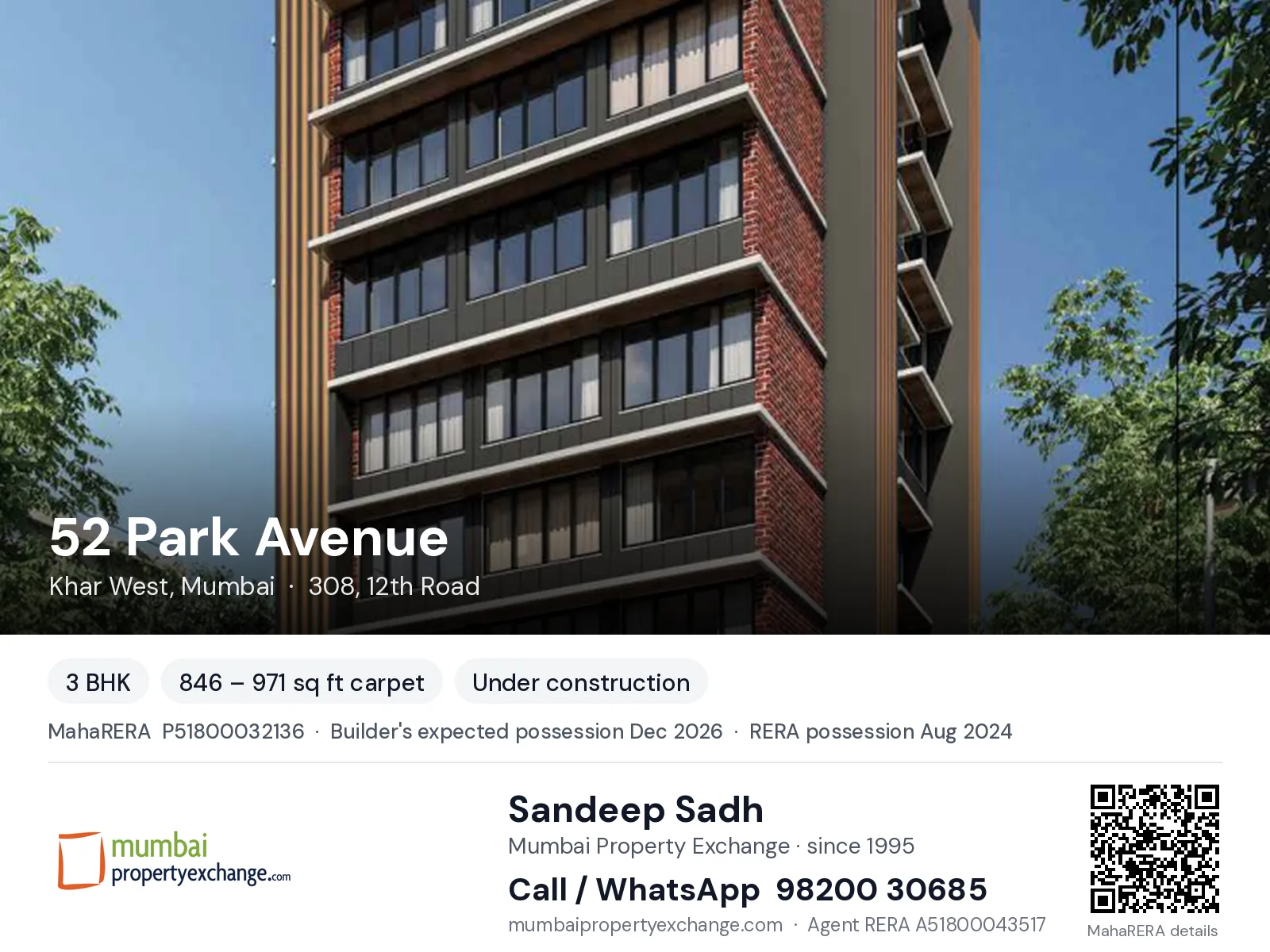 52 Park Avenue by H. Rishabraj, Khar West, Mumbai — 3 BHK new project, builder's expected possession Dec 2026, RERA possession Aug 2024 | Mumbai Property Exchange, Sandeep Sadh 98200 30685