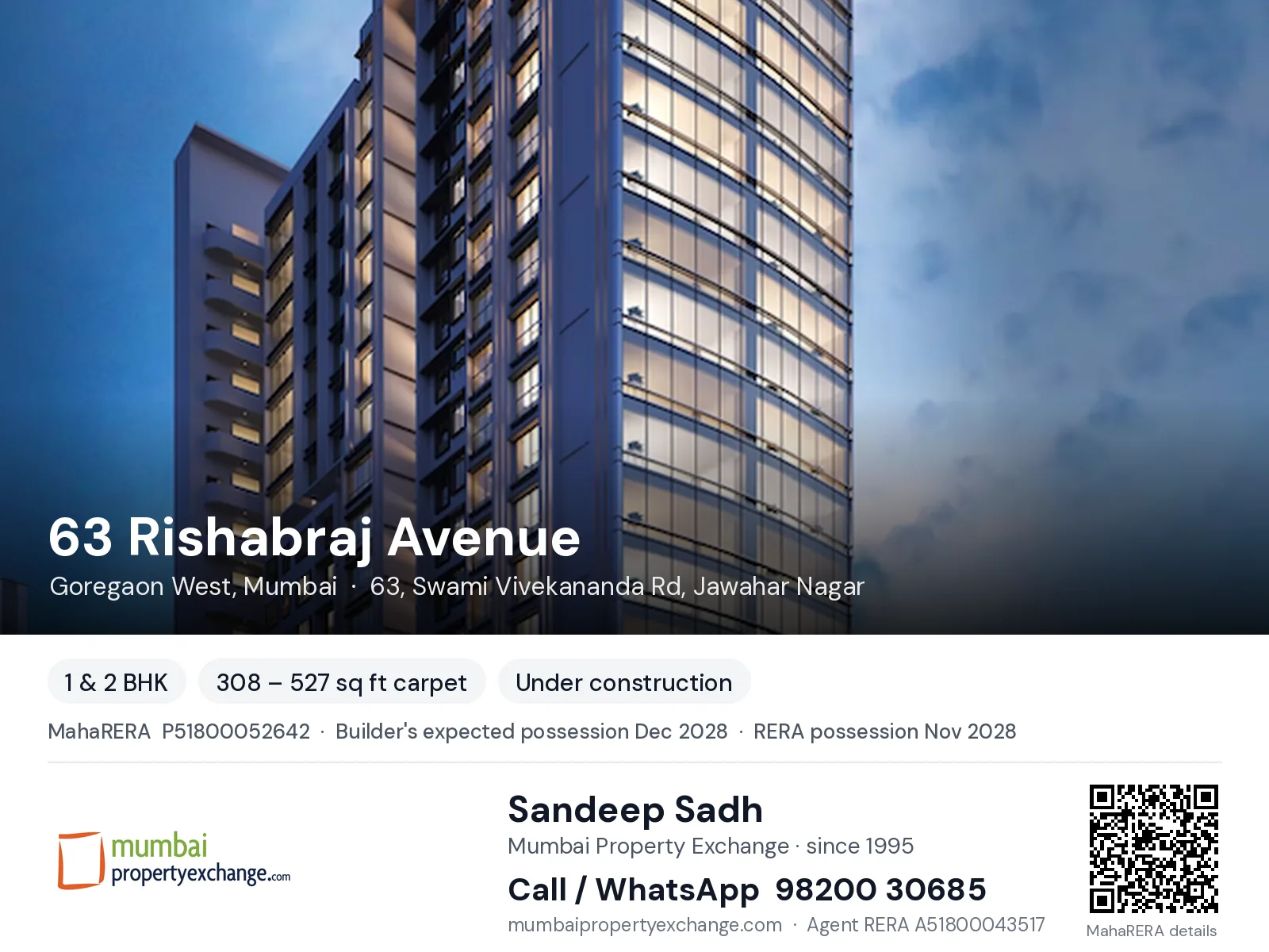 63 Rishabraj Avenue, Goregaon West, Mumbai — 1 & 2 BHK new project, builder's expected possession Dec 2028, RERA possession Nov 2028 | Mumbai Property Exchange, Sandeep Sadh 98200 30685