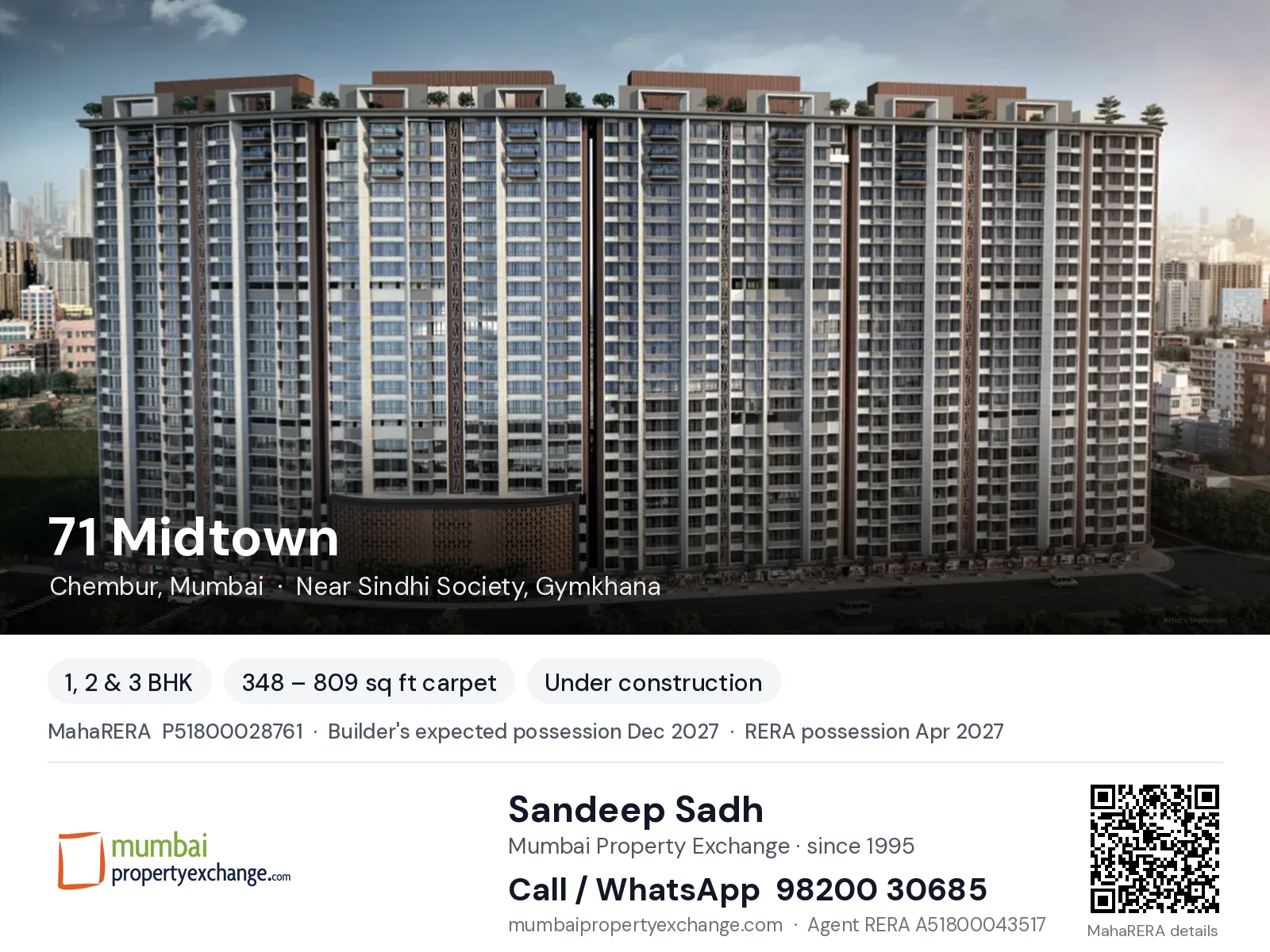71 Midtown by Paradigm, Chembur, Mumbai — 1, 2 & 3 BHK new project, builder's expected possession Dec 2027, RERA possession Apr 2027 | Mumbai Property Exchange, Sandeep Sadh 98200 30685