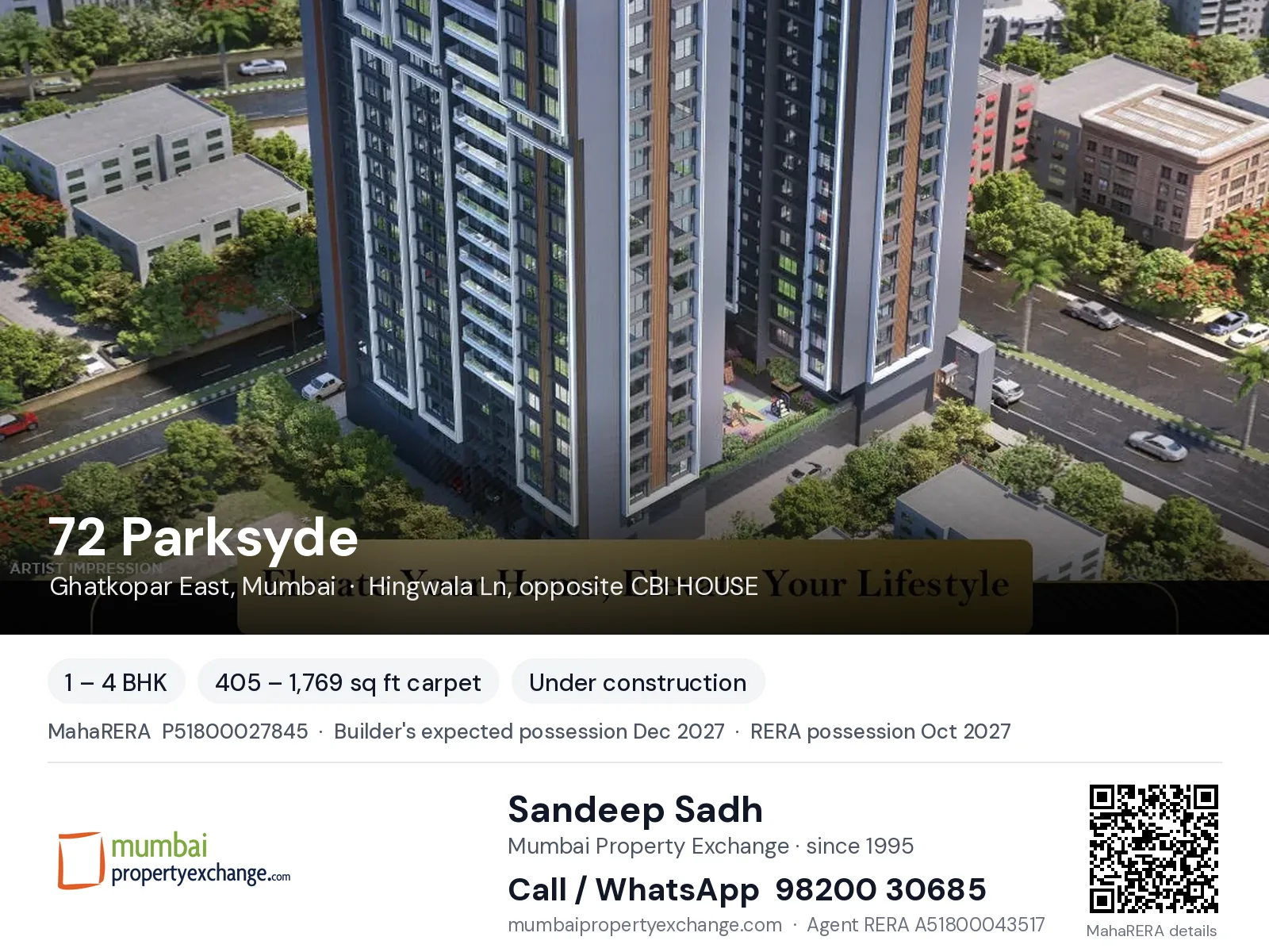72 Parksyde by Silver, Ghatkopar East, Mumbai — 1 – 4 BHK new project, builder's expected possession Dec 2027, RERA possession Oct 2027 | Mumbai Property Exchange, Sandeep Sadh 98200 30685