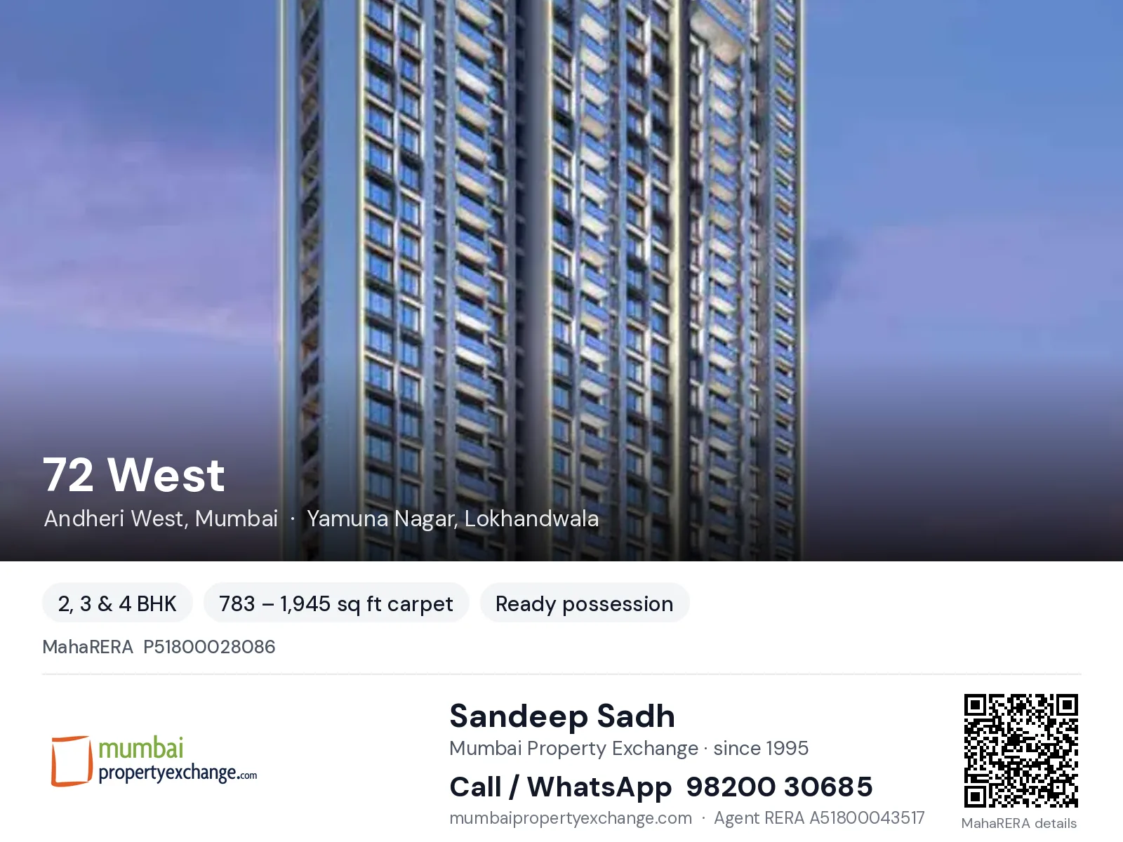 72 West by Ashwin Sheth, Andheri West, Mumbai — 2, 3 & 4 BHK ready-to-move project | Mumbai Property Exchange, Sandeep Sadh 98200 30685
