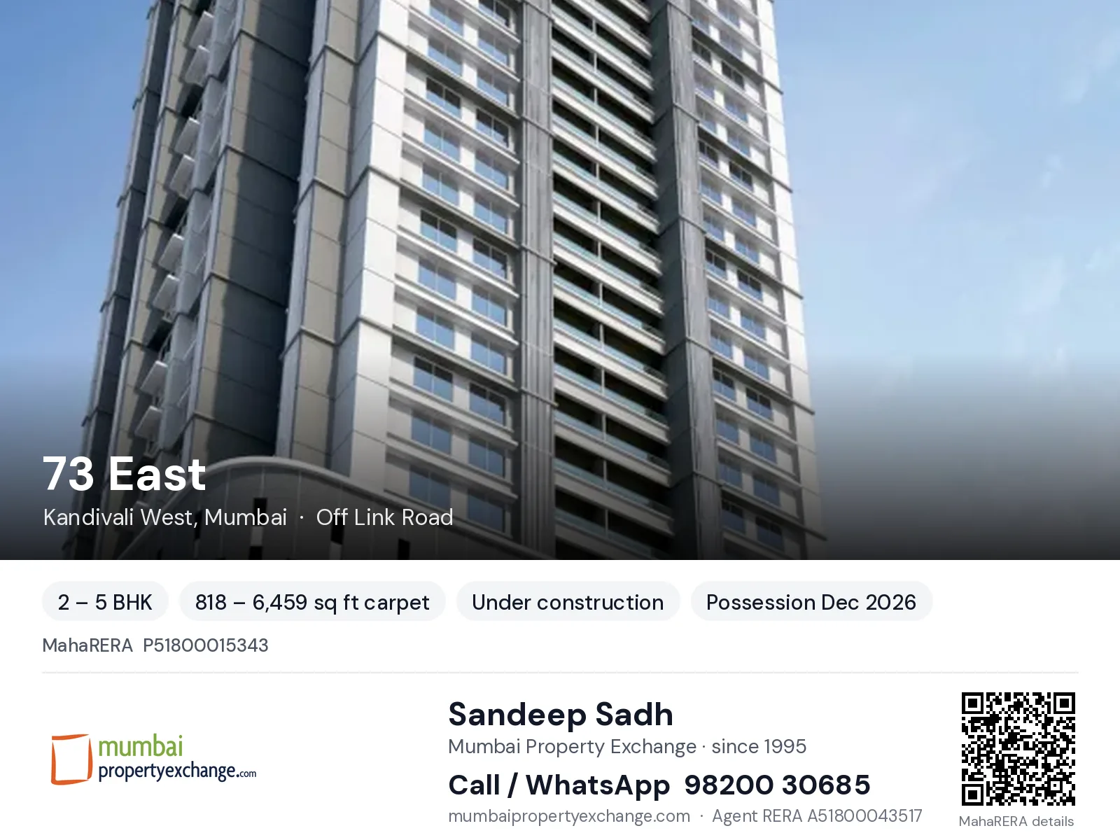 73 East by Dimples, Kandivali West, Mumbai — 2 – 5 BHK new project, possession Dec 2026 | Mumbai Property Exchange, Sandeep Sadh 98200 30685