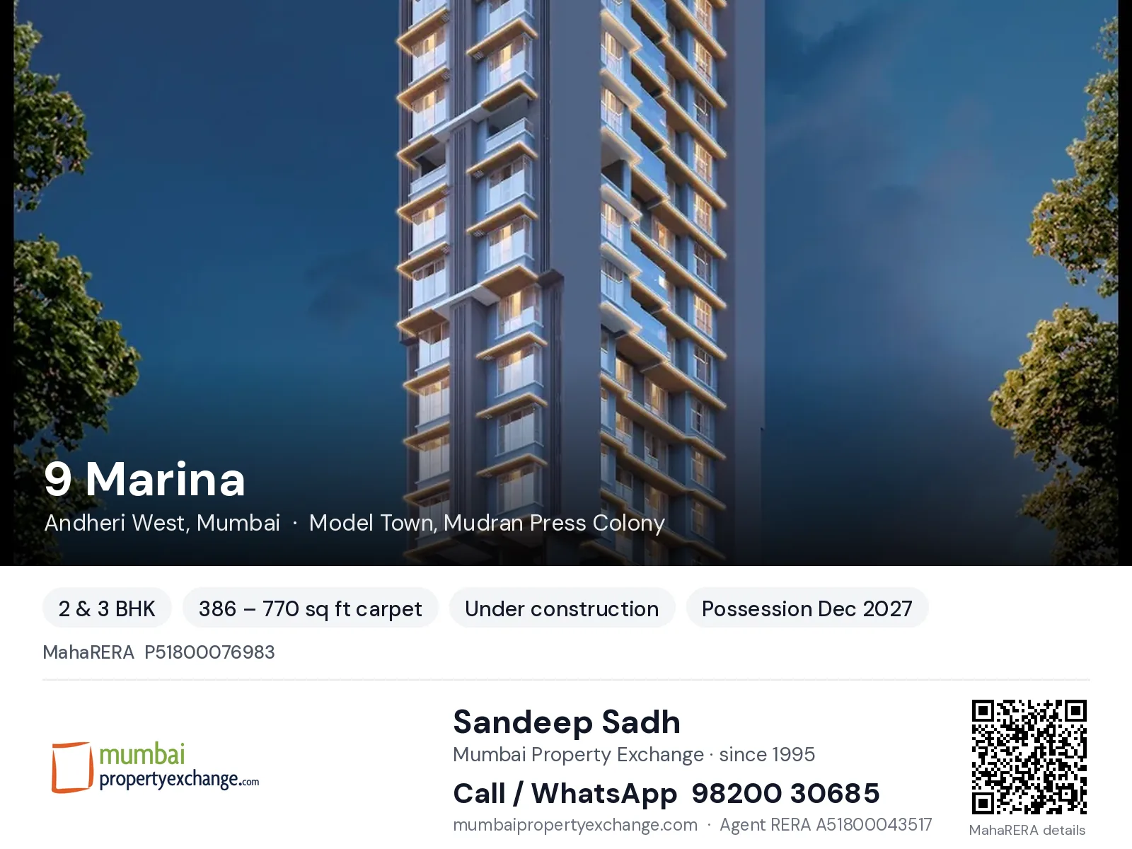 9 Marina by MDM, Andheri West, Mumbai — 2 & 3 BHK new project, possession Dec 2027 | Mumbai Property Exchange, Sandeep Sadh 98200 30685