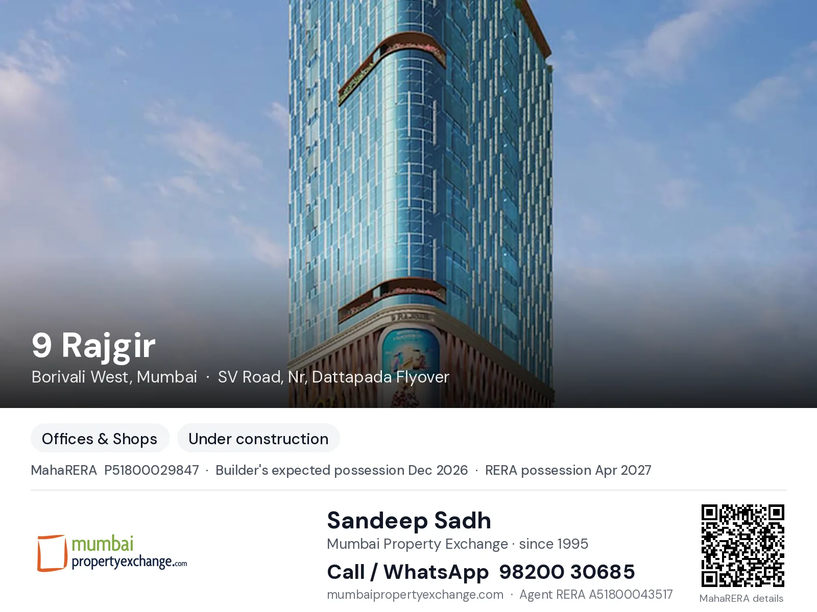 9 Rajgir by Harmony Lifestyles, Borivali West, Mumbai — new project, builder's expected possession Dec 2026, RERA possession Apr 2027 | Mumbai Property Exchange, Sandeep Sadh 98200 30685