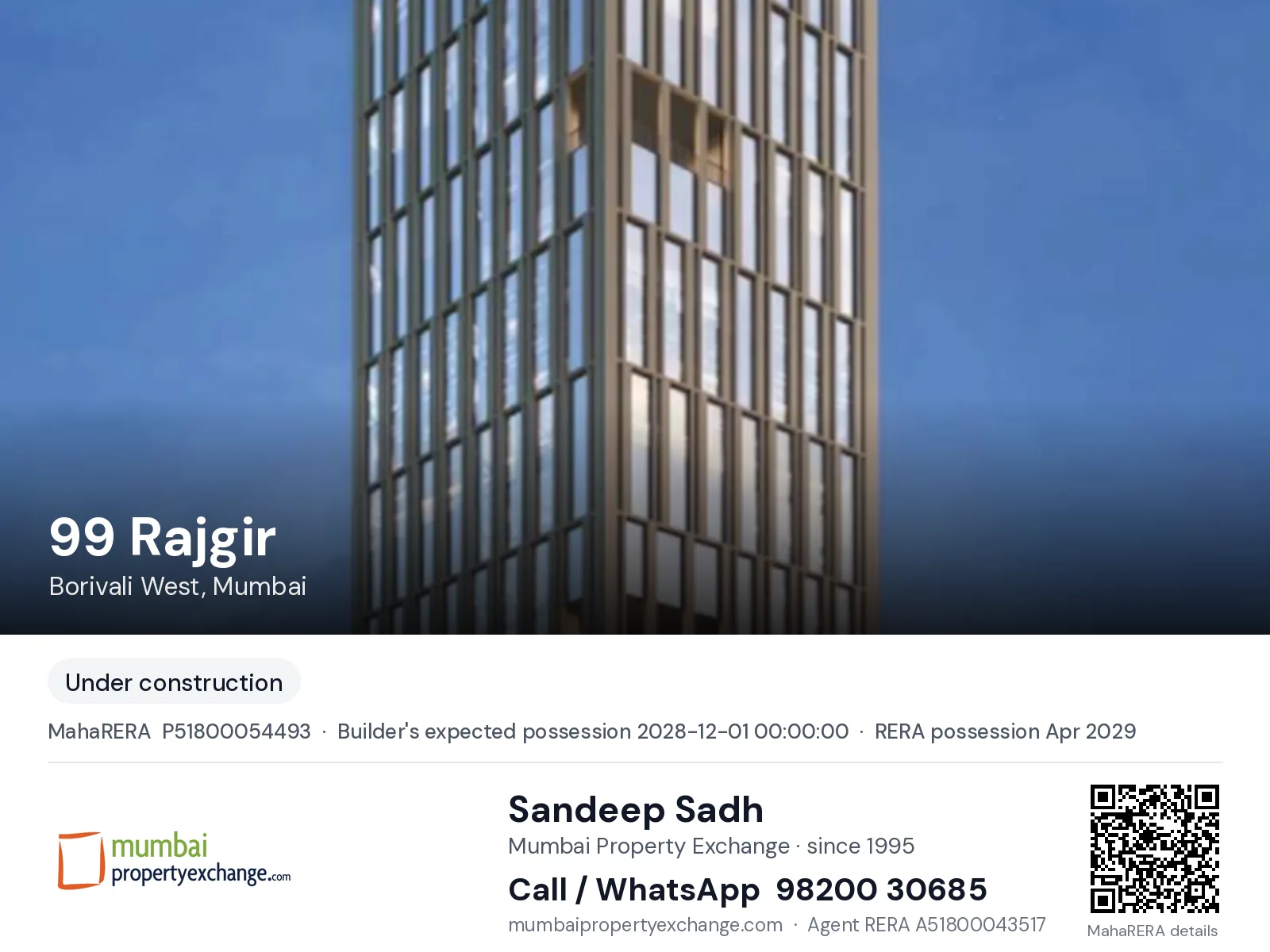 99 Rajgir by SG Abodes, Borivali West, Mumbai — new project, builder's expected possession 2028-12-01 00:00:00, RERA possession Apr 2029 | Mumbai Property Exchange, Sandeep Sadh 98200 30685