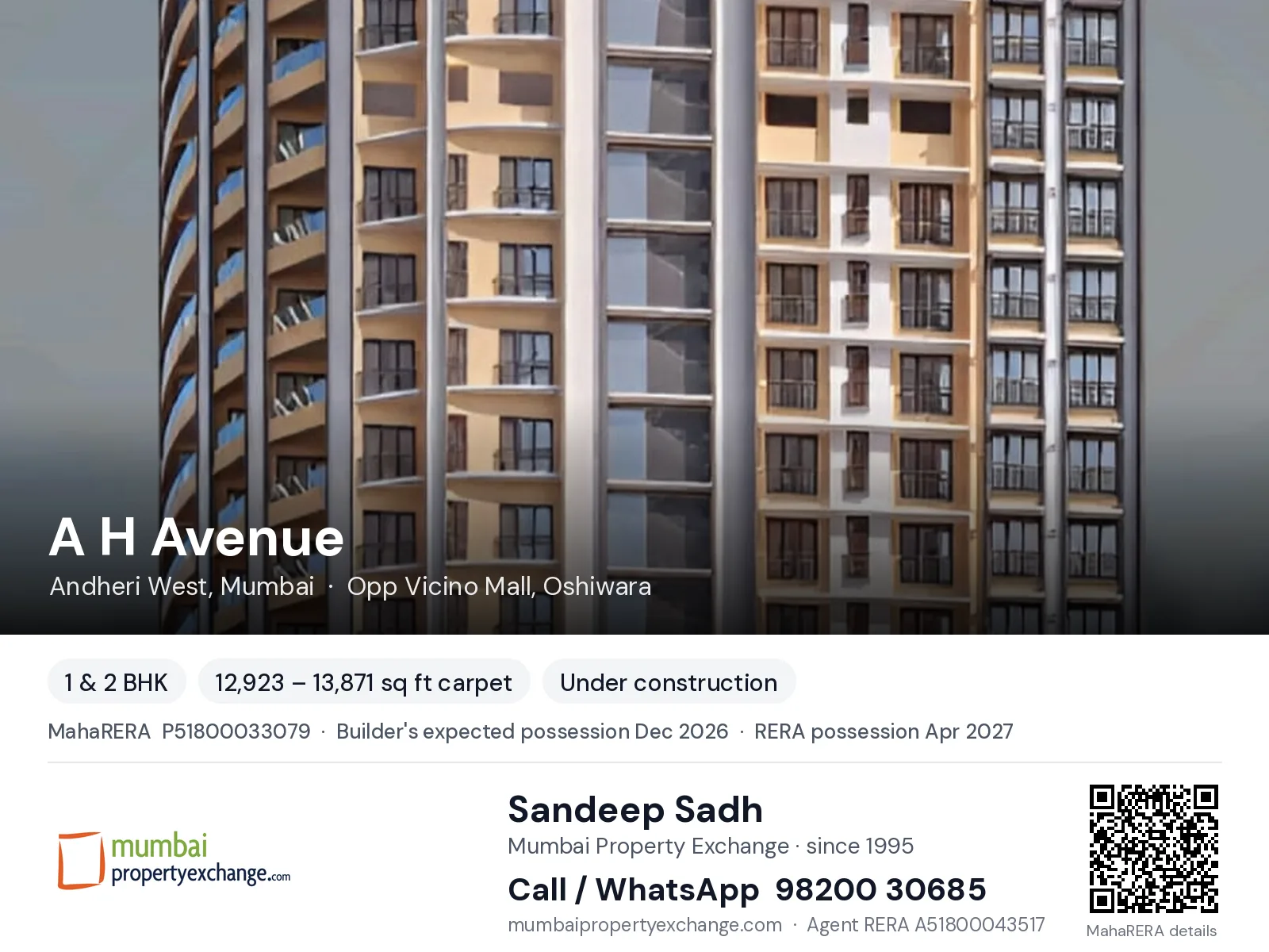 A H Avenue, Andheri West, Mumbai — 1 & 2 BHK new project, builder's expected possession Dec 2026, RERA possession Apr 2027 | Mumbai Property Exchange, Sandeep Sadh 98200 30685