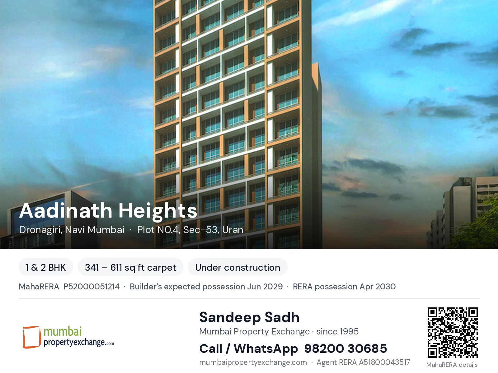 Aadinath Heights by Surana, Dronagiri, Navi Mumbai — 1 & 2 BHK new project, builder's expected possession Jun 2029, RERA possession Apr 2030 | Mumbai Property Exchange, Sandeep Sadh 98200 30685