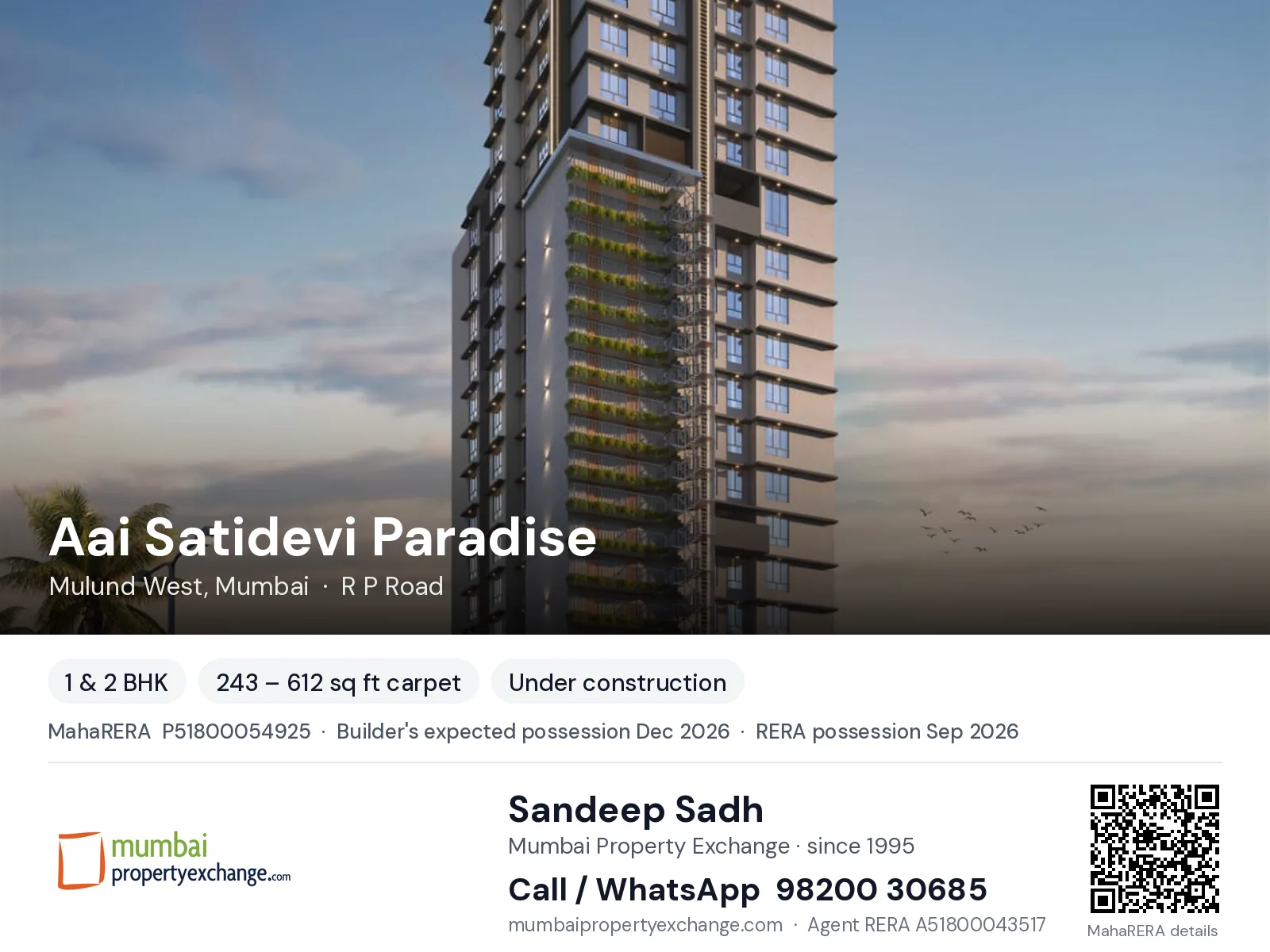 Aai Satidevi Paradise by Shreenath, Mulund West, Mumbai — 1 & 2 BHK new project, builder's expected possession Dec 2026, RERA possession Sep 2026 | Mumbai Property Exchange, Sandeep Sadh 98200 30685