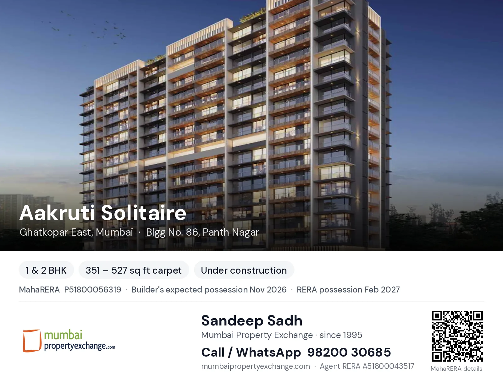 Aakruti Solitaire, Ghatkopar East, Mumbai — 1 & 2 BHK new project, builder's expected possession Nov 2026, RERA possession Feb 2027 | Mumbai Property Exchange, Sandeep Sadh 98200 30685