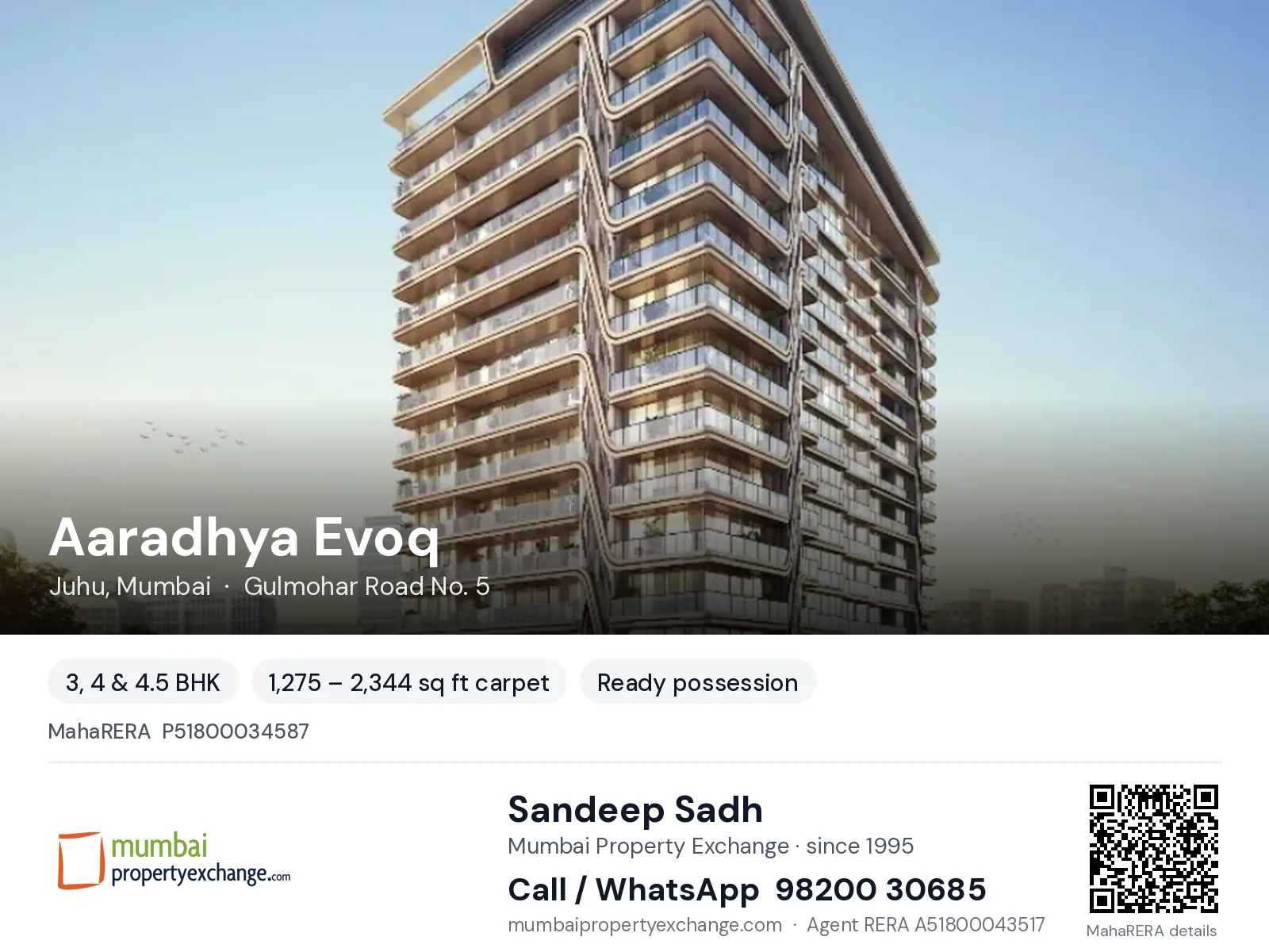 Aaradhya Evoq by MICL, Juhu, Mumbai — 3, 4 & 4.5 BHK ready-to-move project | Mumbai Property Exchange, Sandeep Sadh 98200 30685