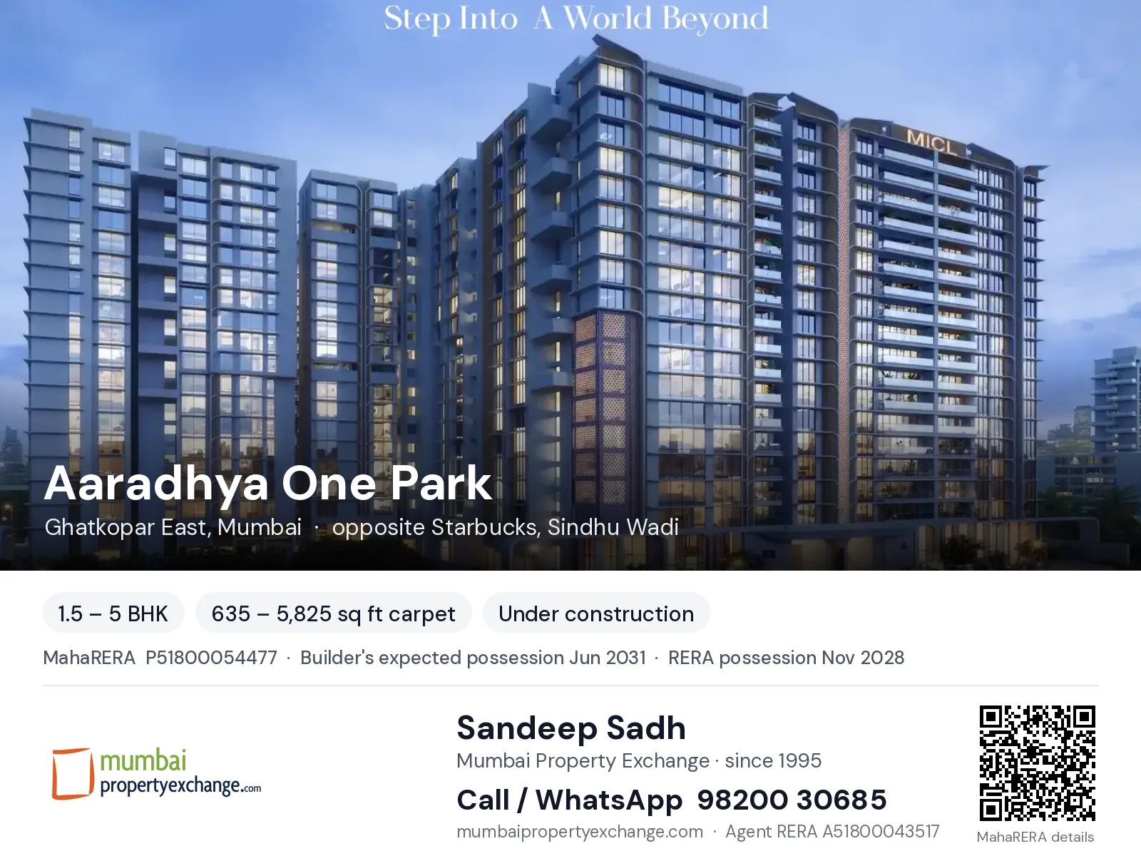 Aaradhya One Park by MICL, Ghatkopar East, Mumbai — 1.5 – 5 BHK new project, builder's expected possession Jun 2031, RERA possession Nov 2028 | Mumbai Property Exchange, Sandeep Sadh 98200 30685