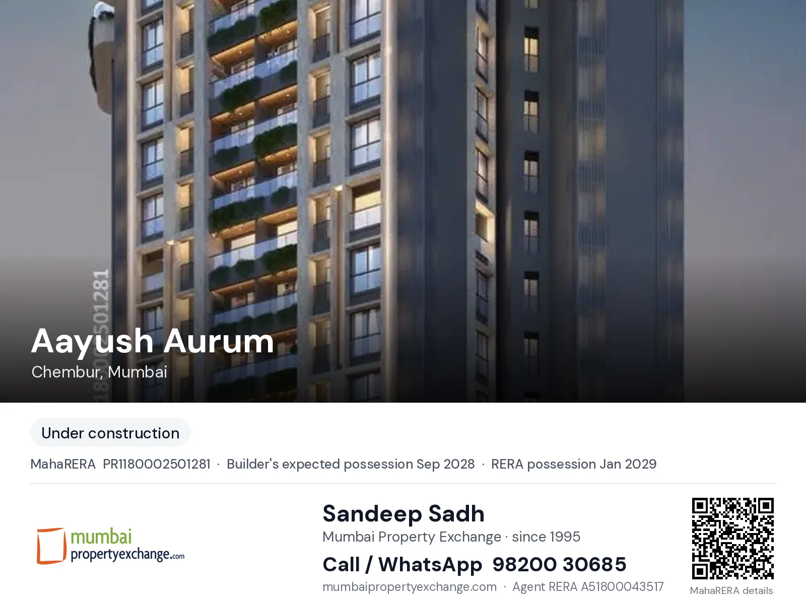 Aayush Aurum, Chembur, Mumbai — new project, builder's expected possession Sep 2028, RERA possession Jan 2029 | Mumbai Property Exchange, Sandeep Sadh 98200 30685