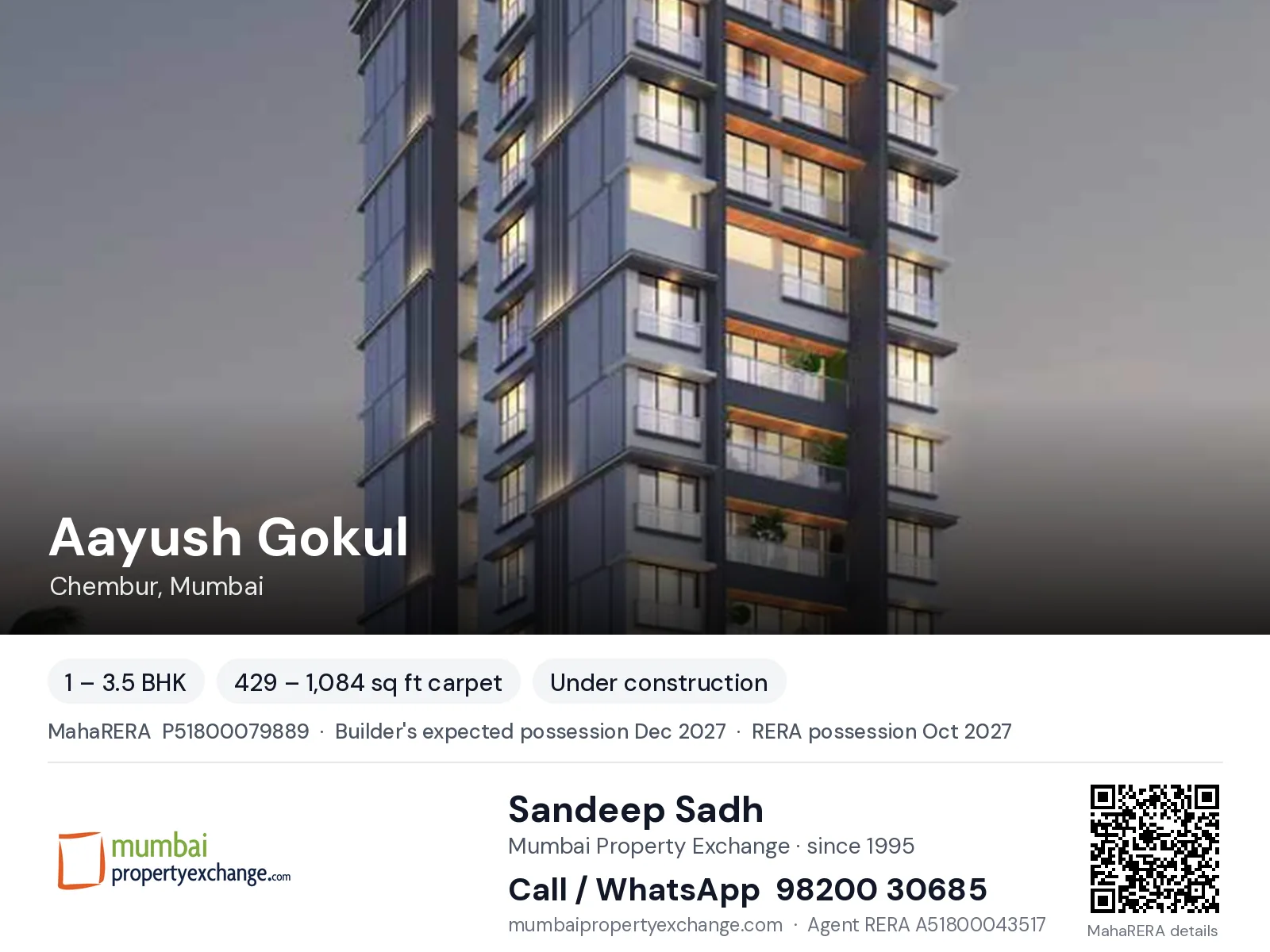 Aayush Gokul, Chembur, Mumbai — 1 – 3.5 BHK new project, builder's expected possession Dec 2027, RERA possession Oct 2027 | Mumbai Property Exchange, Sandeep Sadh 98200 30685