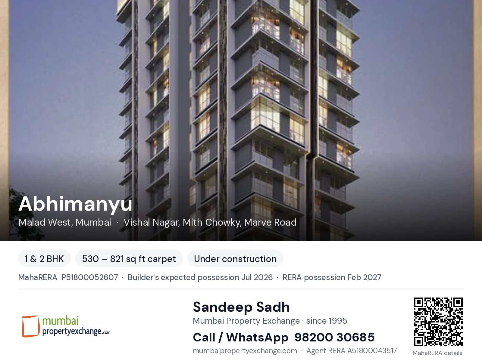 Abhimanyu by Alliance City Realtirs, Malad West, Mumbai — 1 & 2 BHK new project, builder's expected possession Jul 2026, RERA possession Feb 2027 | Mumbai Property Exchange, Sandeep Sadh 98200 30685