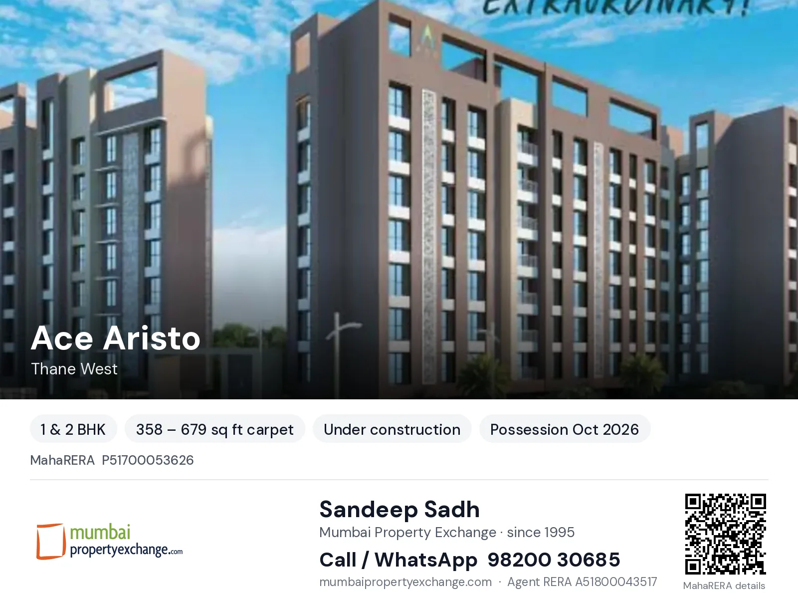 Ace Aristo, Thane West — 1 & 2 BHK new project, possession Oct 2026 | Mumbai Property Exchange, Sandeep Sadh 98200 30685