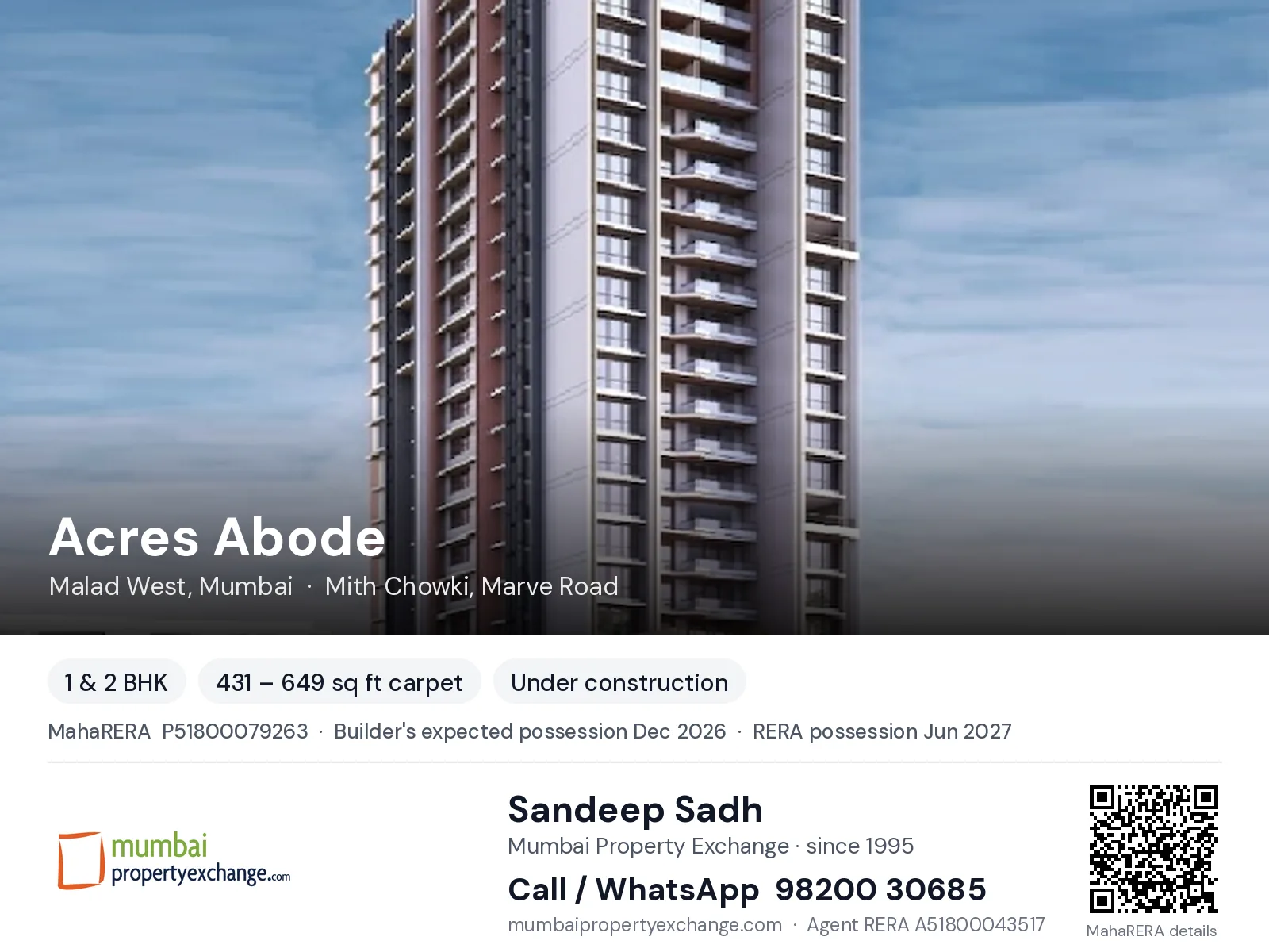 Acres Abode, Malad West, Mumbai — 1 & 2 BHK new project, builder's expected possession Dec 2026, RERA possession Jun 2027 | Mumbai Property Exchange, Sandeep Sadh 98200 30685